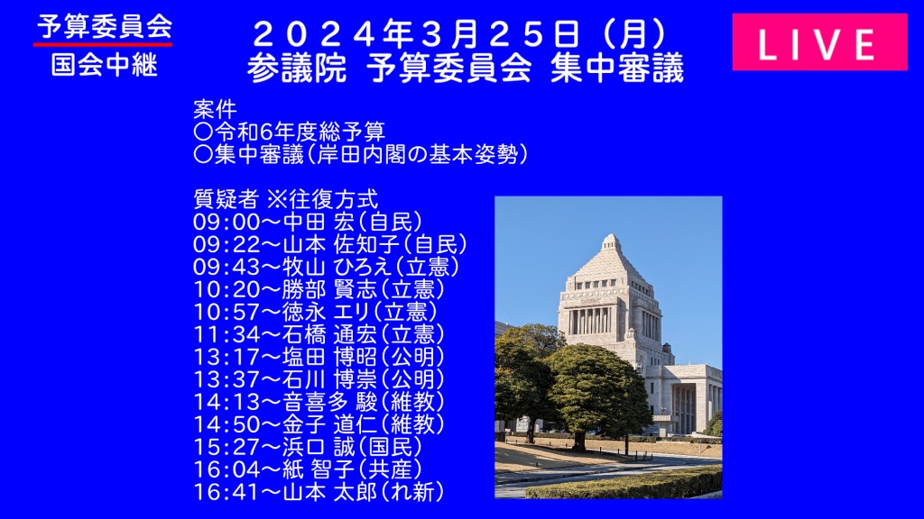 2024年3月25日(月) 国会審議予定（政治日程）
