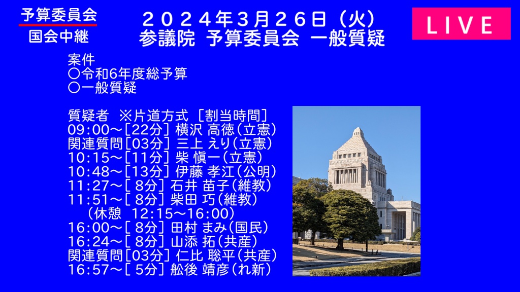 2024年3月26日(火) 国会審議予定（政治日程）
