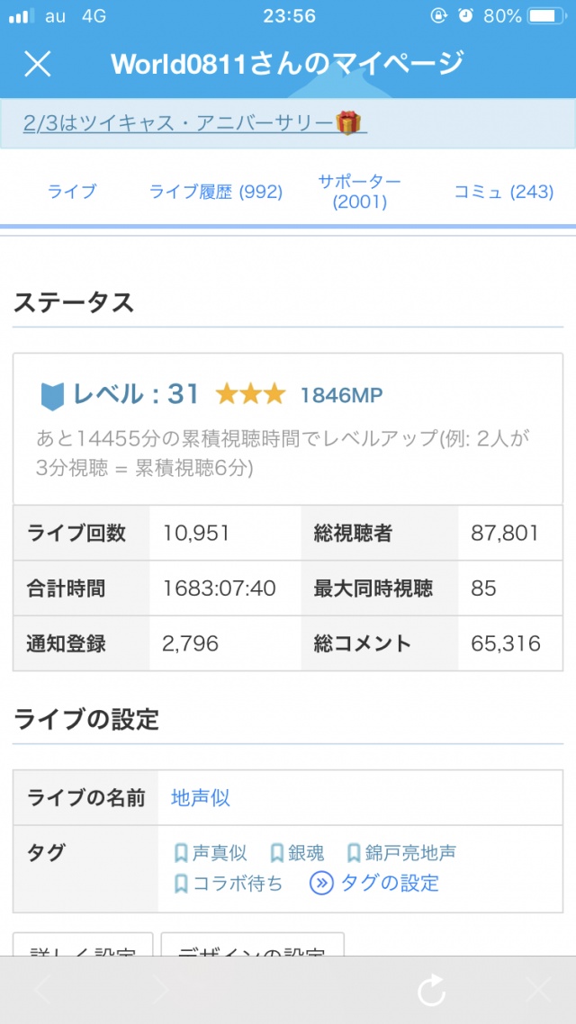 なんとサポーターが2001人になりました。