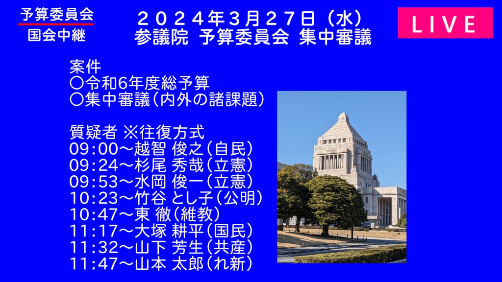 2024年3月27日(水) 国会審議予定（政治日程）
