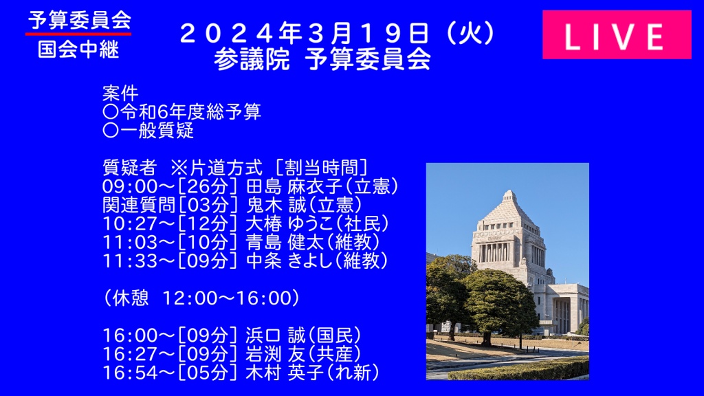 2024年3月19日(火) 国会審議予定（政治日程）
