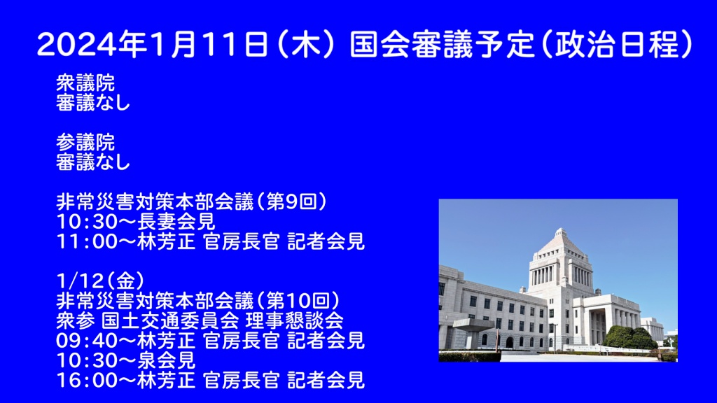 2024年1月11日(木) 国会審議予定（政治日程）
