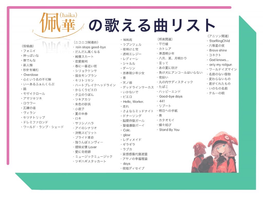 【2:佩華(haika)の歌える曲リスト更新！】

