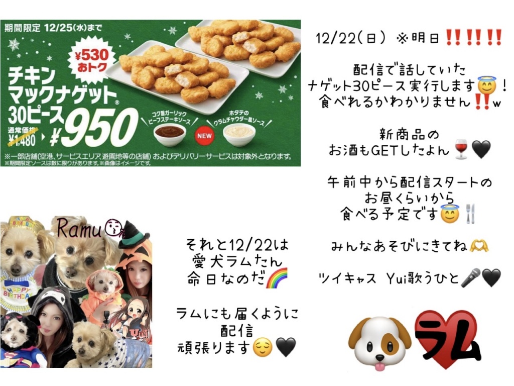 【配信のお知らせ🍴＆🐶】12/22(日) ※明日‼️‼️‼️
