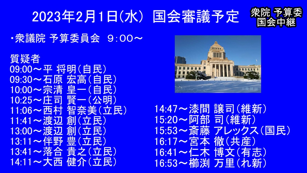 2023年2月1日(水)  国会審議予定 
