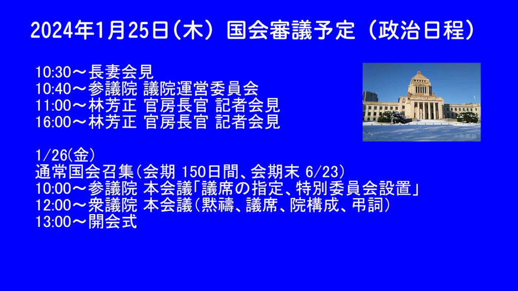 2024年1月25日(木) 国会審議予定（政治日程）
